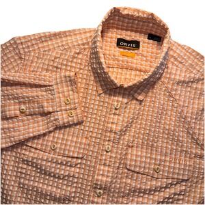 ORVIS Mens Active Fit Puckered Seersucker Orange White Check Roll Tab Shirt Sz L